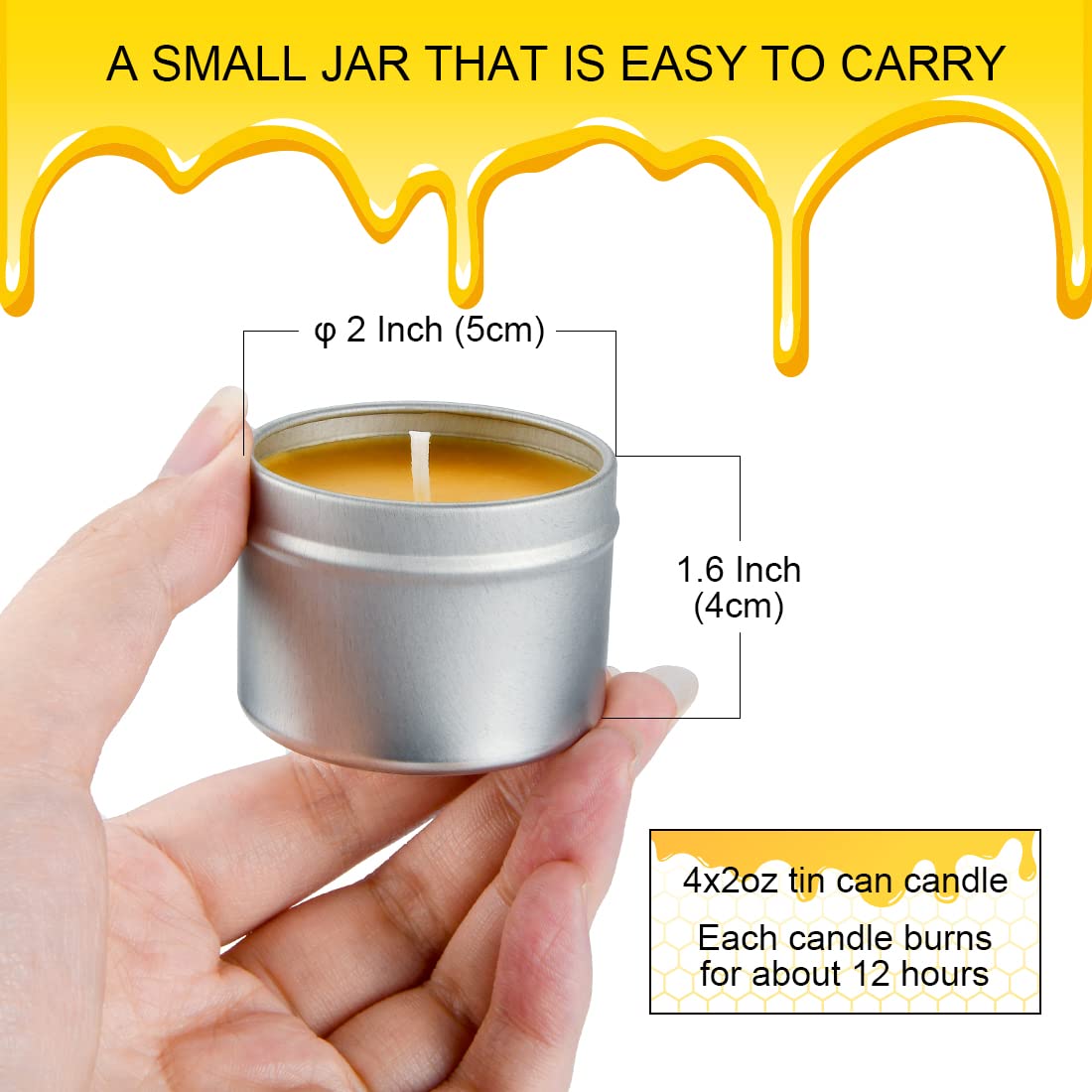 DEYBBY Pure Beeswax Emergency Candle Set of 4 - Natural Honey Scented Travel Tin