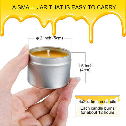 DEYBBY Pure Beeswax Emergency Candle Set of 4 - Natural Honey Scented Travel Tin
