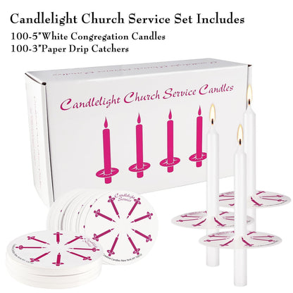 100 Pieces Church Candles- White Taper Candle Unscented with Drip Protectors-for Church Congregational Christmas Vigil-5 Inch Tall x 1/2 Inch Diameter