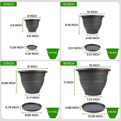 Usocik 4 Pack 16 Inch Large Plant Pots, Plastic Flower Pot for Indoor & Outdoor with Drainage Holes & Saucer, Plaid Pattern Planters Garden Pots for Herbs Gold