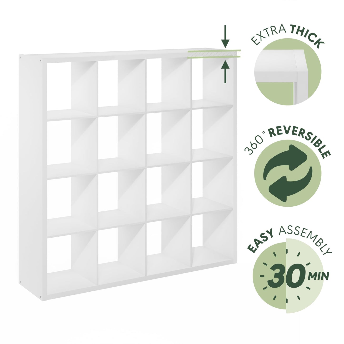 Furinno Cubicle Book Shelf, 16-Cube Bookshelf, Extra Thick Frame Reversible Bookcase with Open Back, 14.6" x 58" x 58", for Living Room, Bedroom, Home Office, White