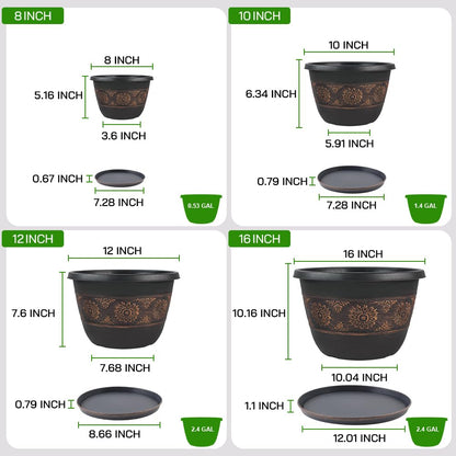 Usocik 4 Pack 16 inch Plant Pots, Retro Pattern Planters with Drainage Holes and Saucer, Sturdy Plastic Garden Flower Pots for Indoor & Outdoor Plants