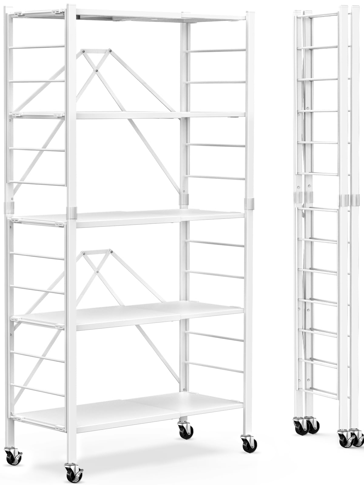 Himix 5 Tier Foldable Storage Shelves, Expandable Folding Pantry Shelf with Wheels, Changeable into 2 Shelf Units, Collapsible Storage Rack Metal Shelves for Kitchen, Room, Garage, White