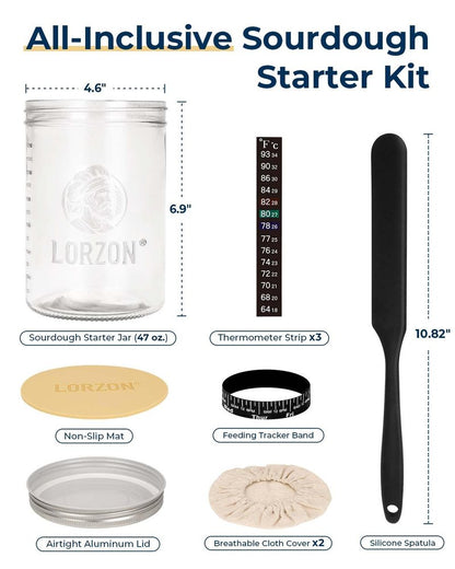 Lorzon Sourdough Starter Jar Kit - 47 oz Large Wide Mouth Bread Starter Jar with Feeding Tracking Band, Silicone Spatula, Sourdough Bread Baking Supplies