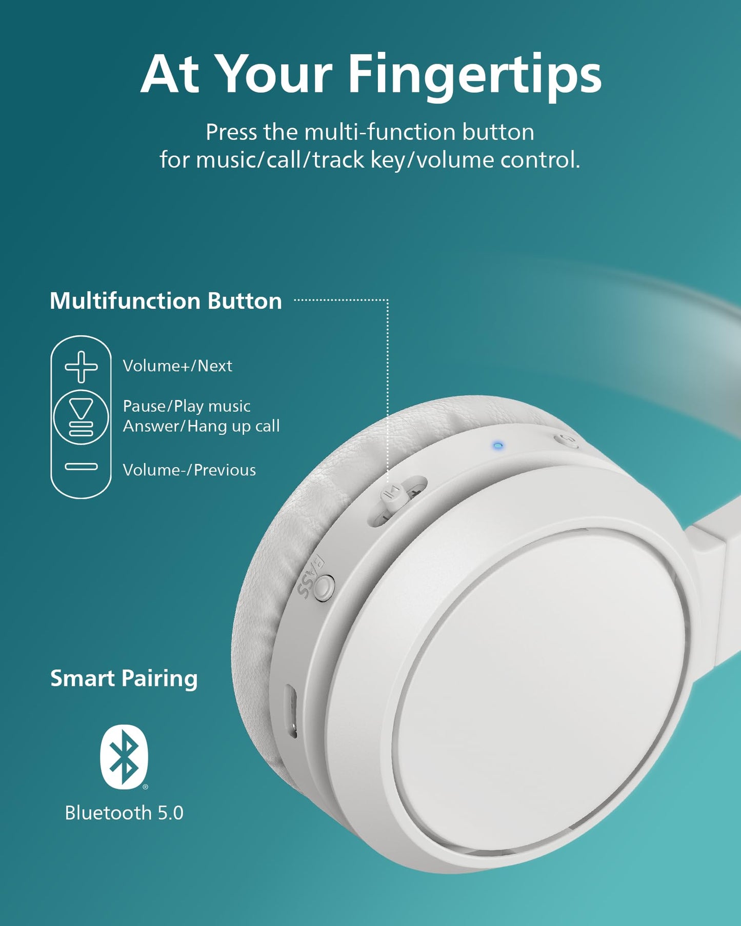 Philips H4205 On-Ear Wireless Headphones with 32mm Drivers & BASS Boost on-Demand, White
