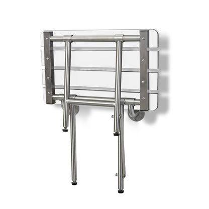 Seachrome 28-inch x 15-inch ADA Bariatric Folding Wall Mount Bathroom Shower Seat Bench with Legs, White Slatted Phenolic Seat