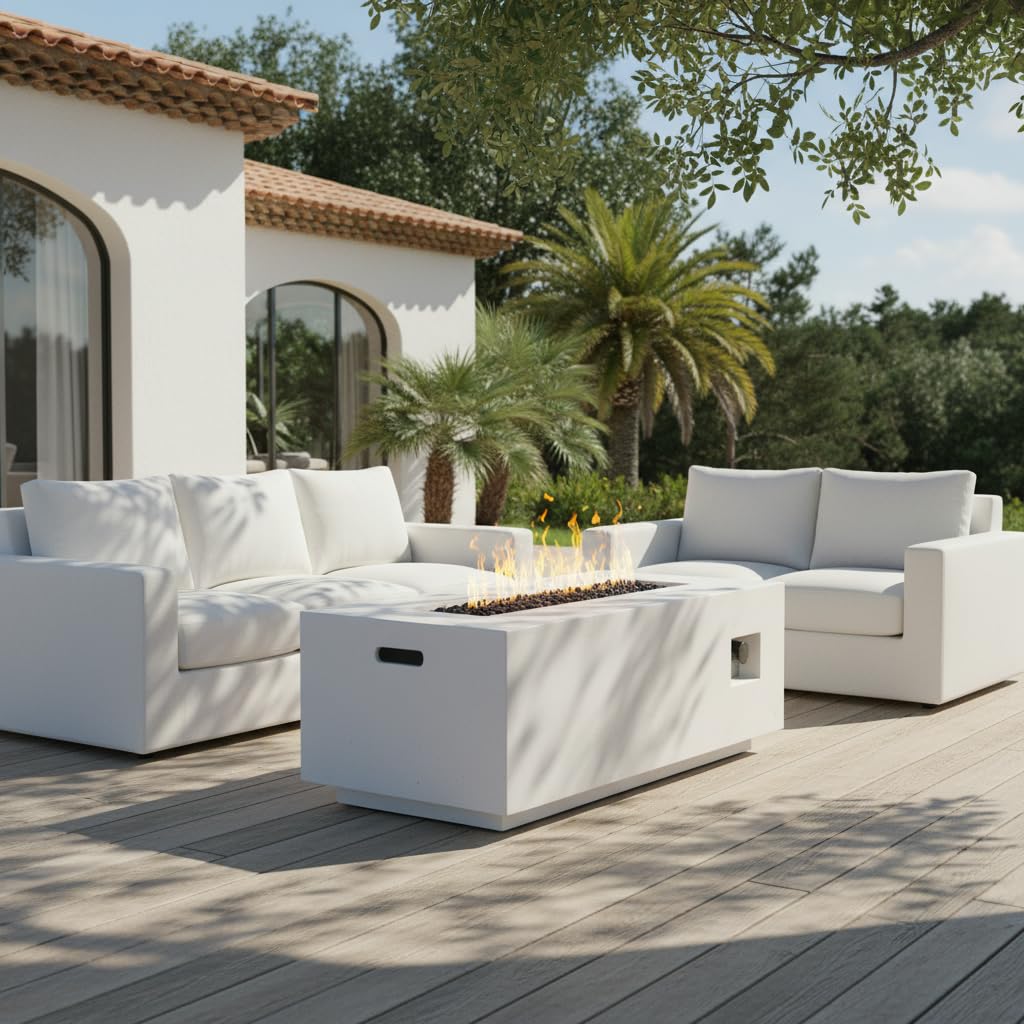 Christopher Knight Home Rado Outdoor Propane Fire Pit Table with Lava Rock, No Assembly Light Concrete Tank Table for Patio, 40000 BTU, Rectangular Tabletop Fire Pit Outdoor, Patio Fire Table, White