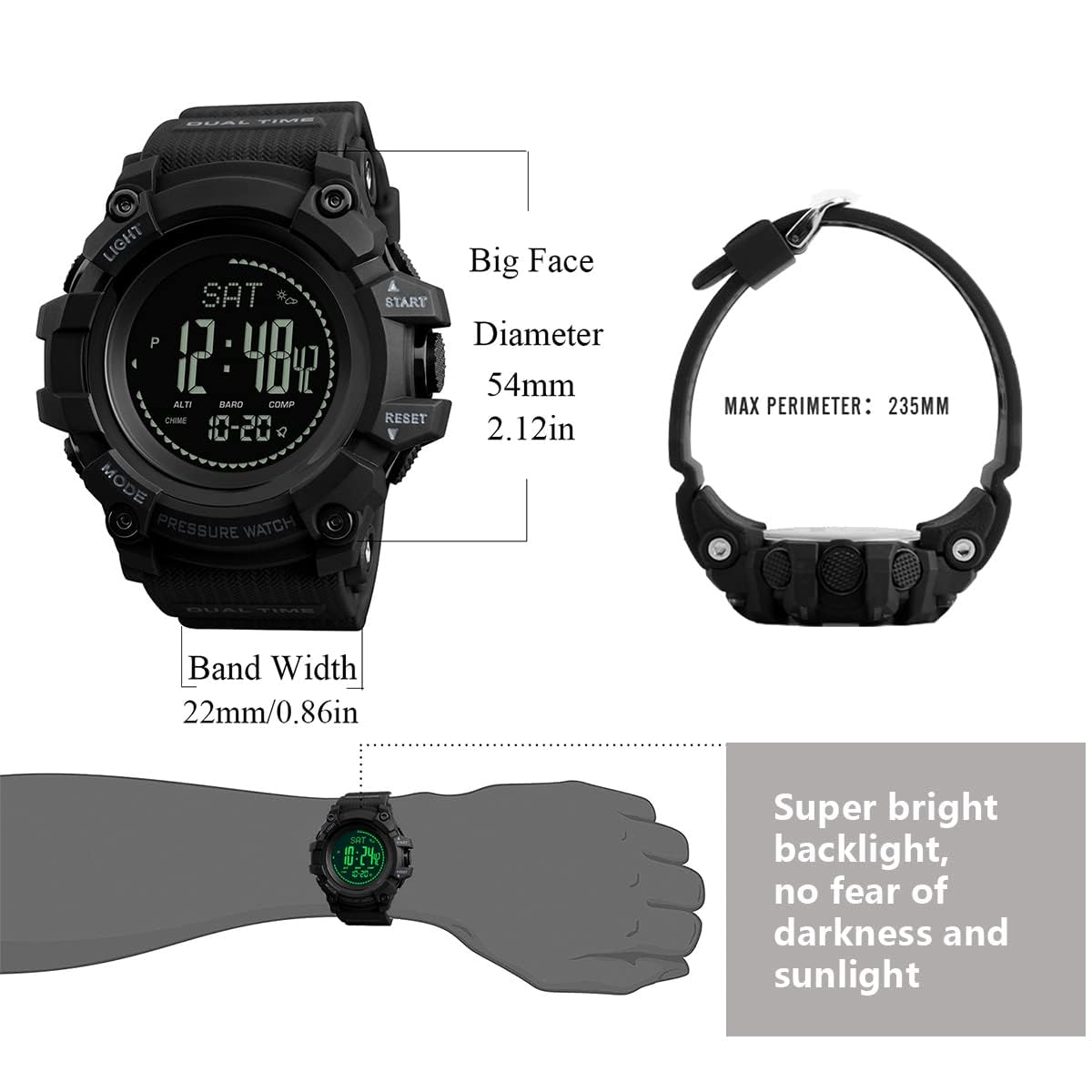 AOSLSI Watch Compass, Altimeter Barometer Thermometer Temperature, Pedometer, Military Army Waterproof Outdoors Sport Digital Watch for Men