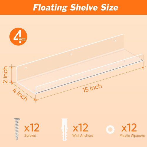 Dooiclear 4 Pack Acrylic Floating Wall Shelves - 15" Clear Book Display Organizers for Home & Office Decor