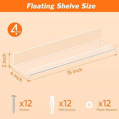 Dooiclear 4 Pack Acrylic Floating Wall Shelves - 15" Clear Book Display Organizers for Home & Office Decor