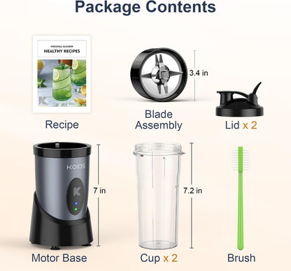 KOIOS Smoothie Blender - 900W Personal Blender for Shakes & Smoothies | Includes 2 Portable 22oz Cups, Grey Blue