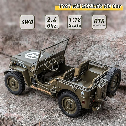 Rochobby FMS 1/12 1941 MB Scaler RC Jeep 4x4 Hobby Grade RTR RC Car Mini RC Rock Crawler Army Military 2.4Ghz RC Truck with LED Lights Battery and USB Charger for Adults