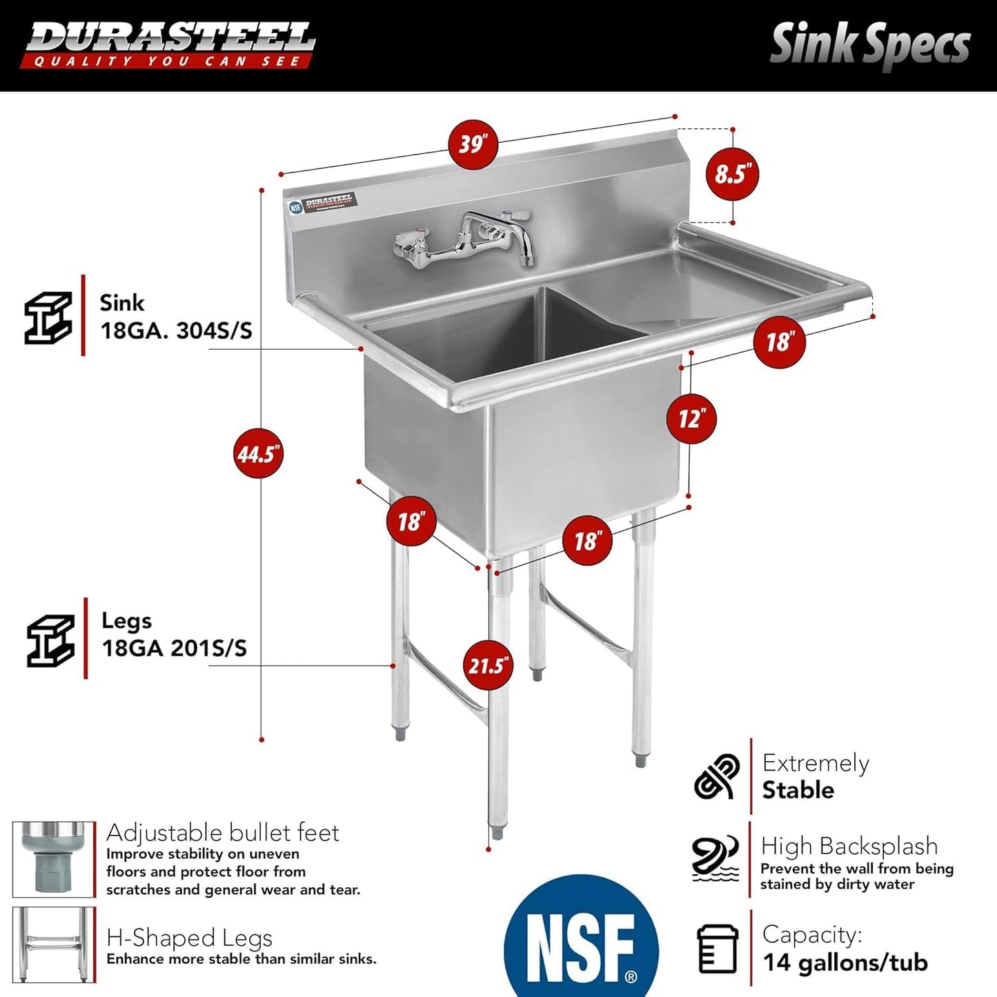 DuraSteel Commercial Stainless Steel Utility Sink - NSF 18 x 18 x 12 Bowl with Right Drainboard & Faucet - Freestanding Outdoor Kitchen Sinks, Outdoor Sinks, Laundry Sink, Garage Shop, Utility Tub