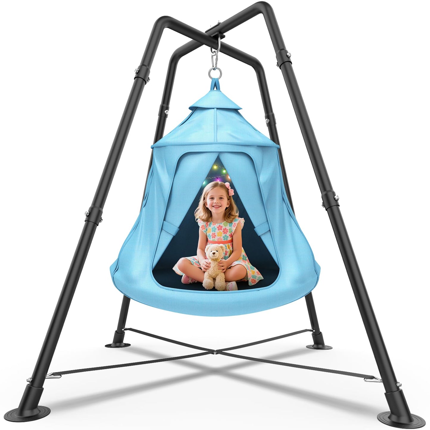 Swing Set with Tent Swing, Hanging Tree Tent w/Swing Frame, X-Shaped Swing Stand with Tent Swing, Tent Swing Chair, 330 lbs, w/Rainbow Lights String, Indoor Outdoor Use (Light Blue)