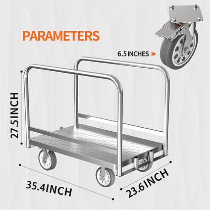 Foldable Panel Push Cart Dolly,2IN1 Steel Plate Platform Truck,36"×24" Heavy Duty Moving Hand Truck Flatbed Cart,2200LBS Capacity with 6.5'' Swivel Wheels,Detachable Fence 1Front and 2Side Handles