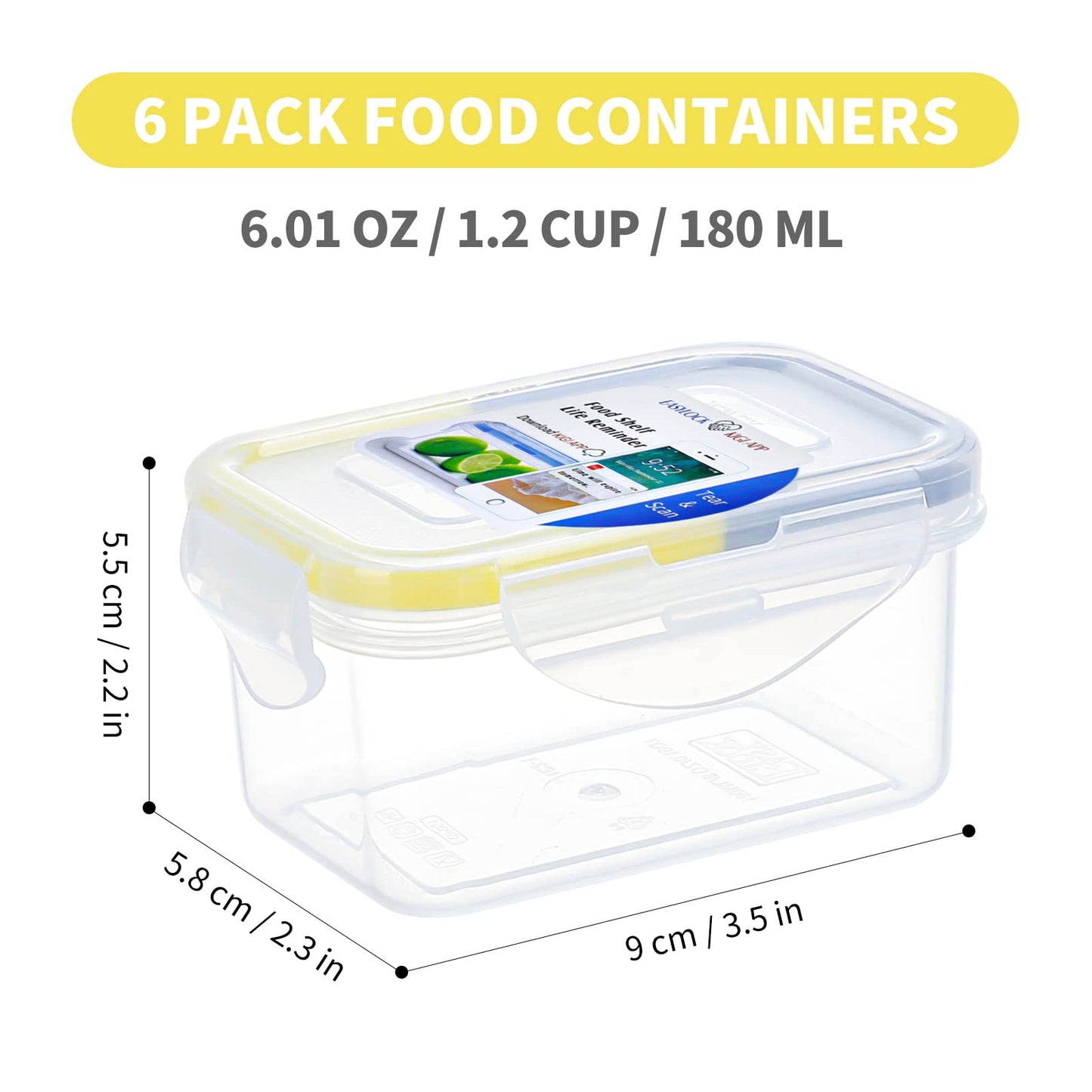 KIGI 6 Pack 6OZ Airtight Plastic Food Storage Containers Set 180ML Rectangular Small Bento Box with Lid