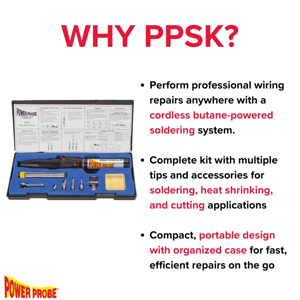 POWER PROBE Butane Soldering Kit (PPSK) [Automotive Diagnostic Car Test Tool, Easy Start Electronic Ignition, Adjustable Flame, with Multiple Tips, Black