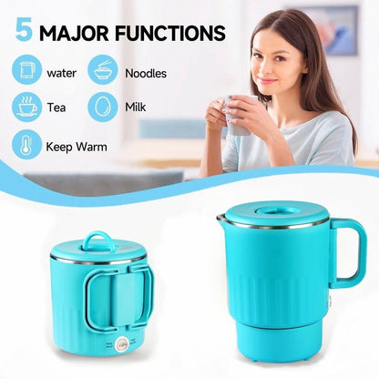0.8L Small Portable Electric Kettle with Foldable Handle, 27 Ounce Travel Electric Kettle 304 Stainless Steel, Collapsible Hot Water Boiler for RV, Camping, Hotel, Office, Business Trip (Blue)