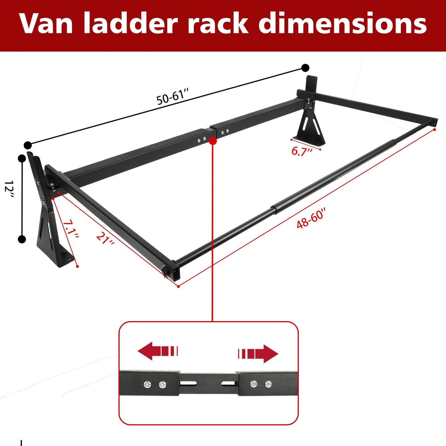hightall Van Ladder Rack with Roller,Adjustable Length 50-61" Van Roof Rack with Cargo Stoppers,Compatible with Ford Transit150/250/350,Enclosed Trailer,Drilling Required