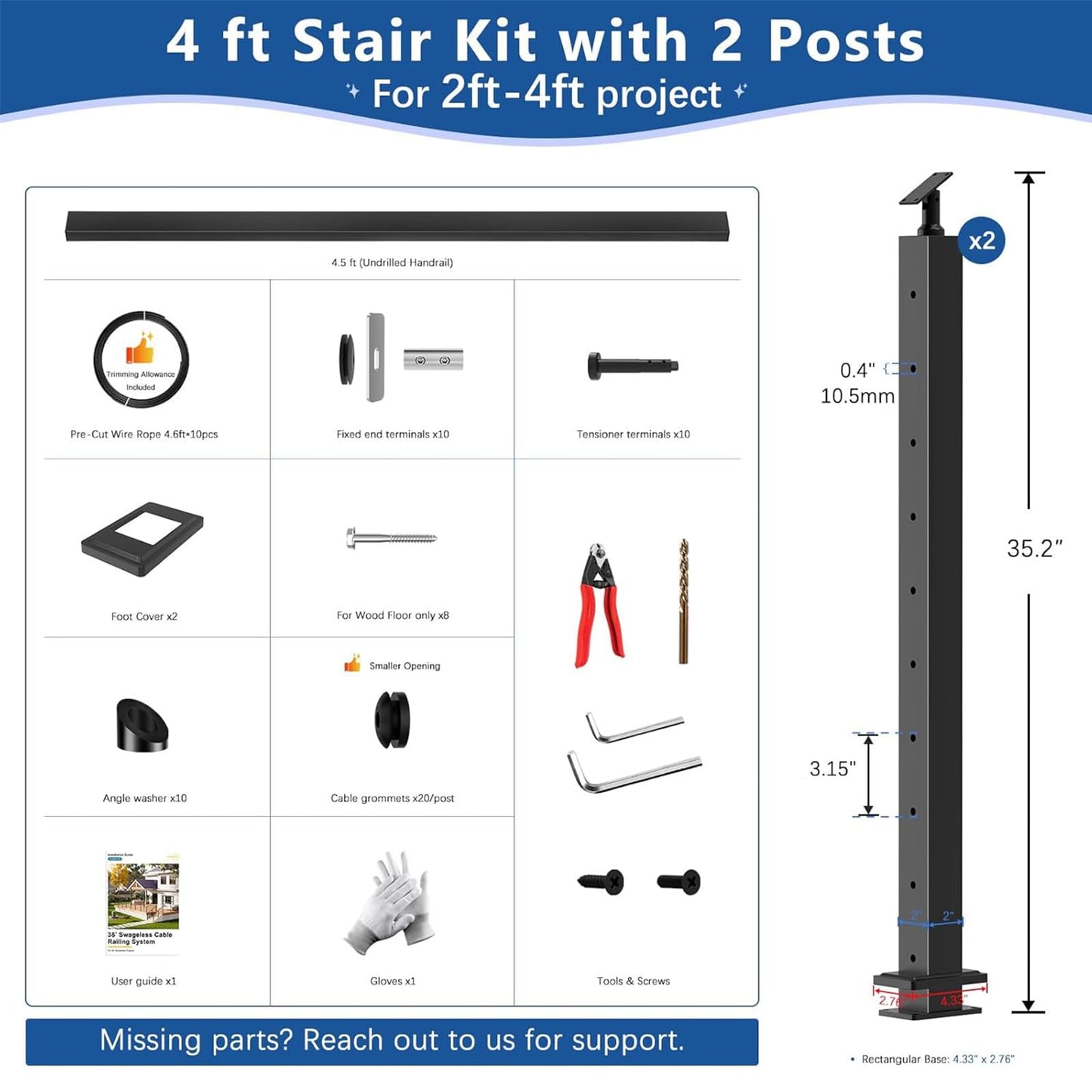Zylorix 36" Swageless 2-4FT Black Complete Cable Railing System Post Kit with Handrail Cuttable, T304 Stainless Steel, Modular Pre-Cut 1/10" Cable Railing Kit with Stair Post for 28-38 Degree Stairway