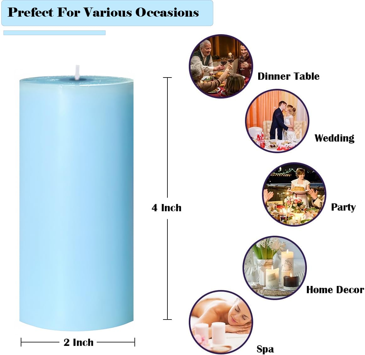 4 Pack Baby-Blue Pillar Candles, 2x4 Inch, Long-Lasting, Dripless and Smokeless Unscented Candles, Ideal for Home Décor, Parties Weddings and Relaxation