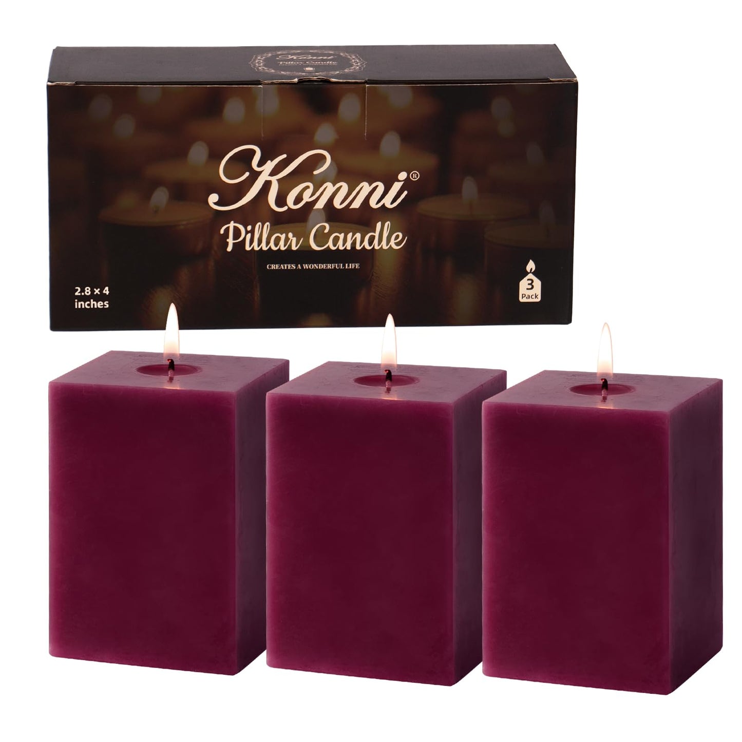 KONNI Square Purple Pillar Candles Set of 3, 2.8"x 4" Unscented Pillar Candles Bulk, 30 Hours Long Burning Candles, Smokeless and Dripless Large Candle for Wedding, Home Decoration, Parties, Spas