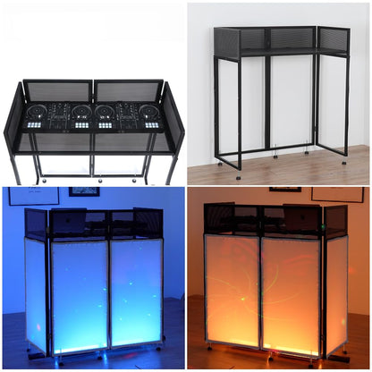 Kokorona Portable DJ Booth 43"L x 20"W x 45"H, DJ Facade Booth with Black & White Scrims, Folding DJ Booth for Party, DJ Facade Table Booth with Cable Hole, Black Metal Frame + Carry Bag