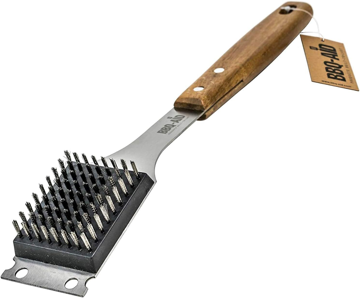 BBQ-Aid Grill Brush - Heavy-Duty Scraper with Extended Wooden Handle & Replaceable Stainless Steel Bristles