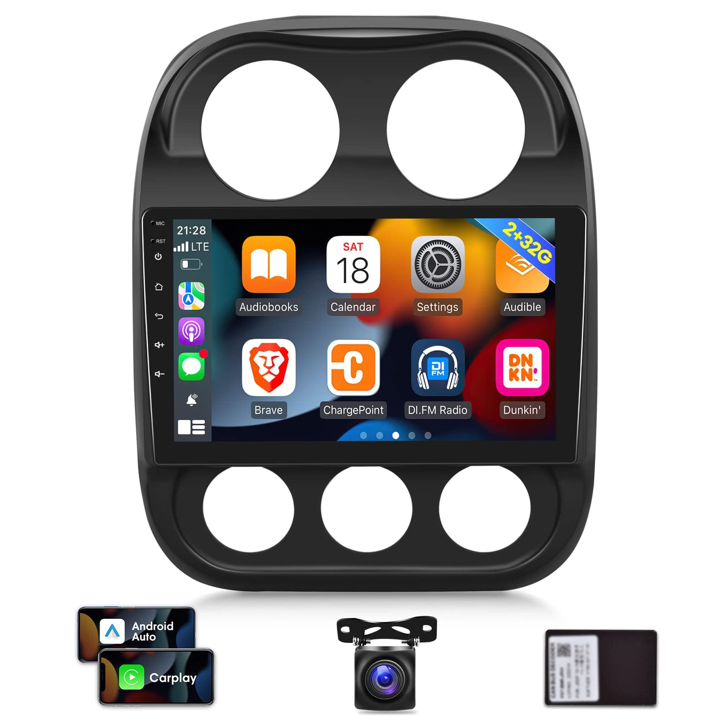[2G+32G] Car Radio for Jeep Compass Patriot 2010-2016, 10.1 inch Android 11 Touch Screen Stereo, Carplay/Android Auto/Mirror Link/1080P/SWC/Bluetooth/WiFi + AHD Backup Camera for Jeep Compass