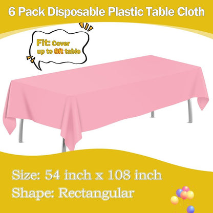 tujol Pink 6 Pack Plastic Table Cloth 54" x 108", Disposable Tablecloths Rectangle Table Cover, Plastic Tablecloths for Parties