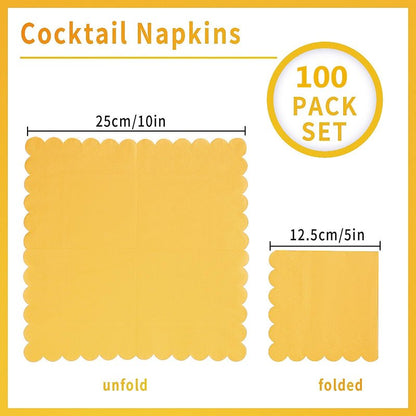 100 Pack Cocktail Napkin 2-Ply Scalloped Edged Dessert Napkins Folded 5 x 5 Inches Disposable Napkins for Dinner Wedding Birthday Party Bridal Anniversary Reception Event (Yellow)