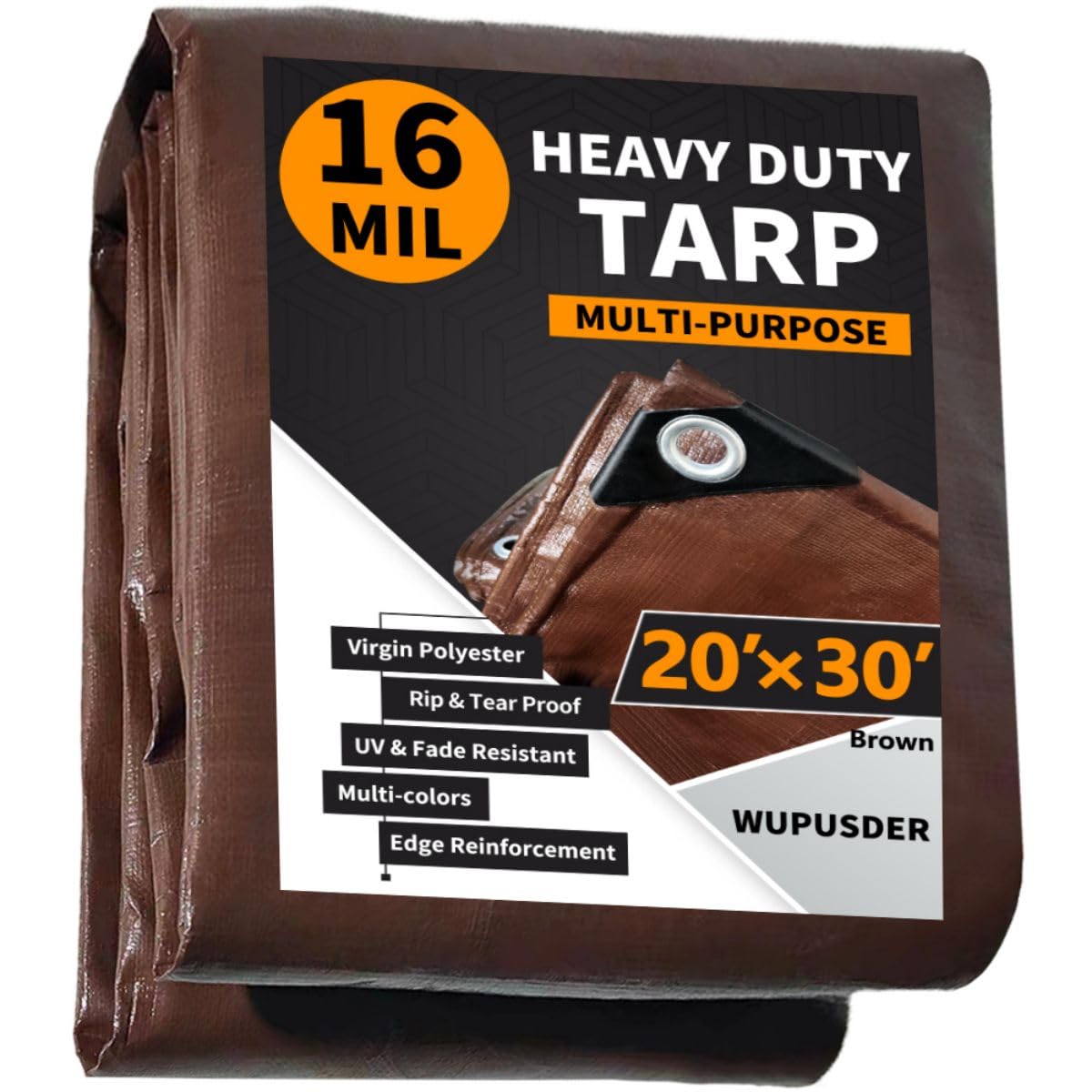 WUPUSDER Tarps Heavy Duty Waterproof 20x30ft, 16Mil Poly Tarps with Grommets, UV Resistant, Brown Multipurpose Tarpaulin with Reinforced Edges, Camping, Outdoor Coverings