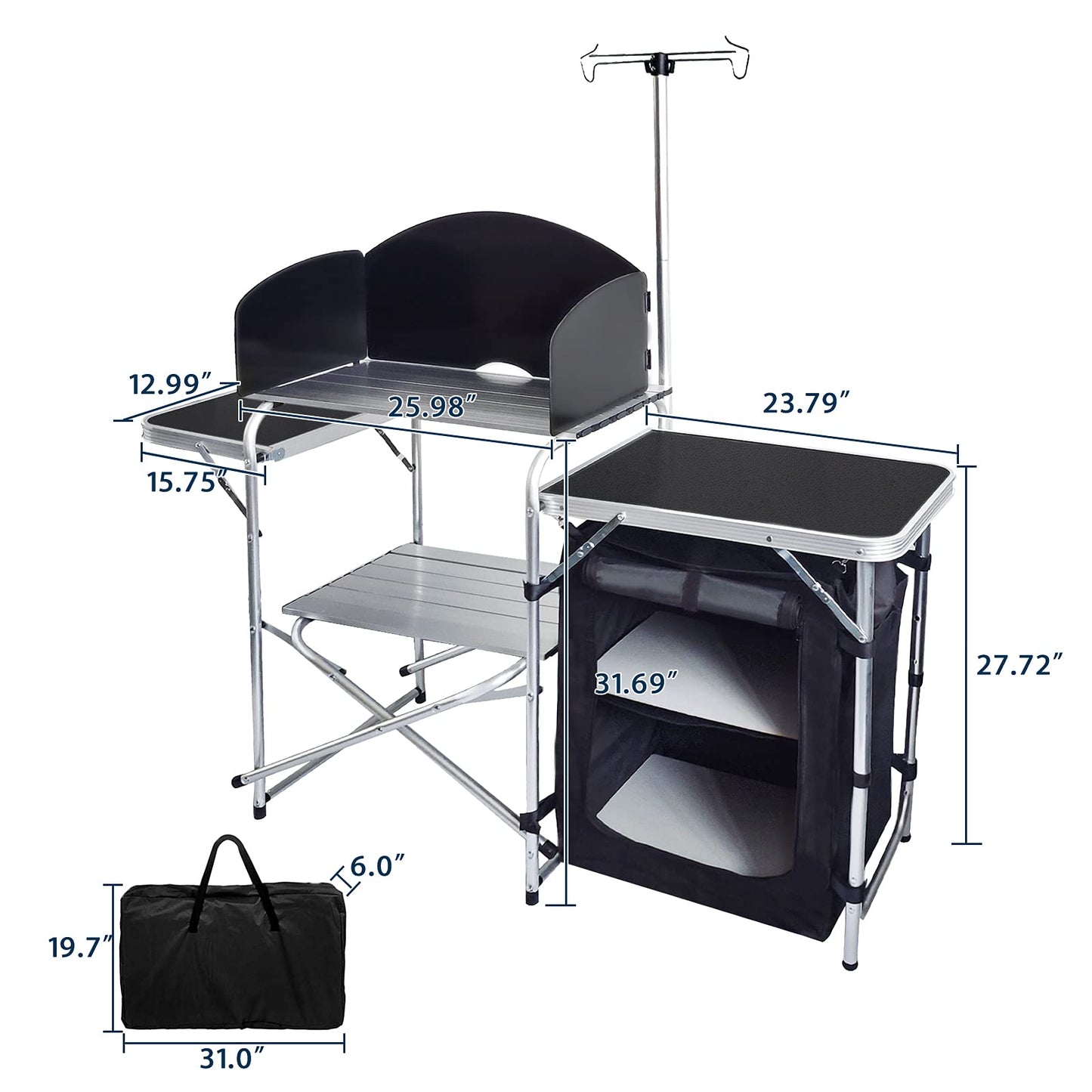 CampLand Folding Camping Kitchen Table with Windscreen,Portable Outdoor Cooking Station with Storage Cabinet & Side Tables Heavy Duty Camp Cook Station for Camping & BBQ (Black)