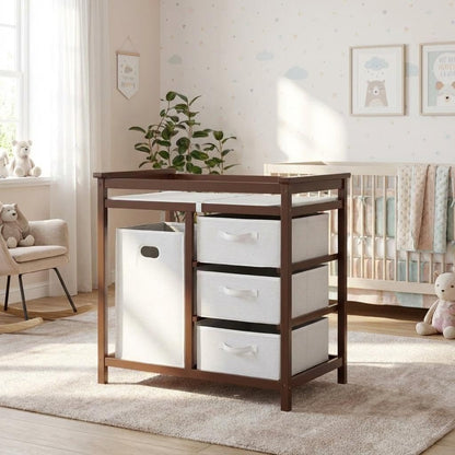 GarveeHome Modern Baby Changing Table with Laundry Hamper & 3 Drawers - Solid Wood Nursery Dresser Supports 40 Lbs, with Safety Strap & Waterproof Pad, Storage Organizer for Diapers, Clothes & Toys