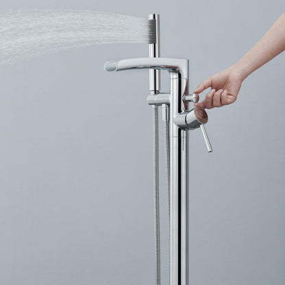 Wowkk Waterfall Freestanding Bathtub Faucet Chrome Floor Mount Tub Filler Brass Single Handle Bathroom Faucets with Hand Shower