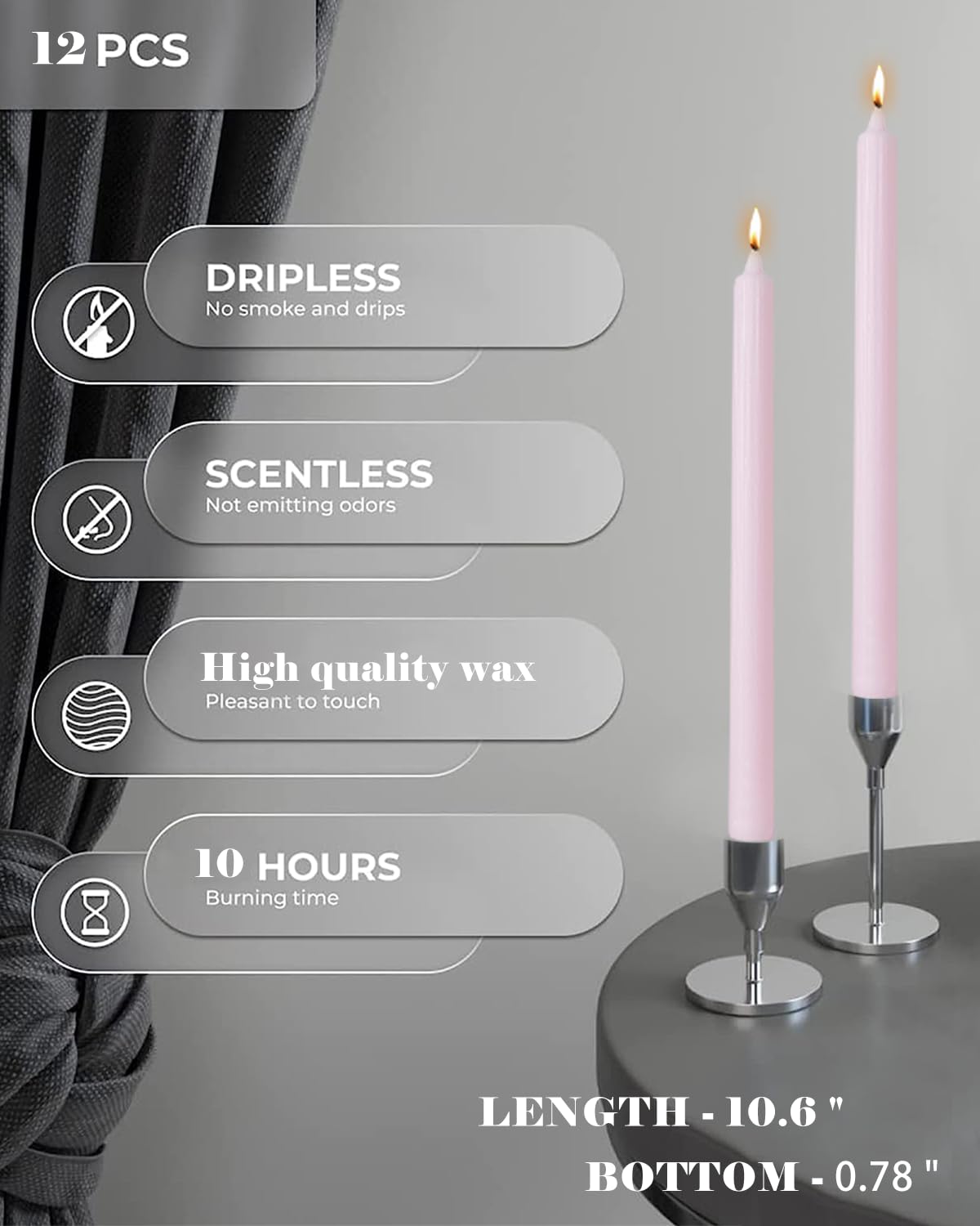 Pink Taper Candles Set of 12 Unscented Dripless Smokeless Long Tall Tapered Candlesticks Wedding Advent Home Decor Dinner Christmas-Natural Color Series-10.6 Inch