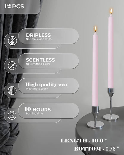 Pink Taper Candles Set of 12 Unscented Dripless Smokeless Long Tall Tapered Candlesticks Wedding Advent Home Decor Dinner Christmas-Natural Color Series-10.6 Inch