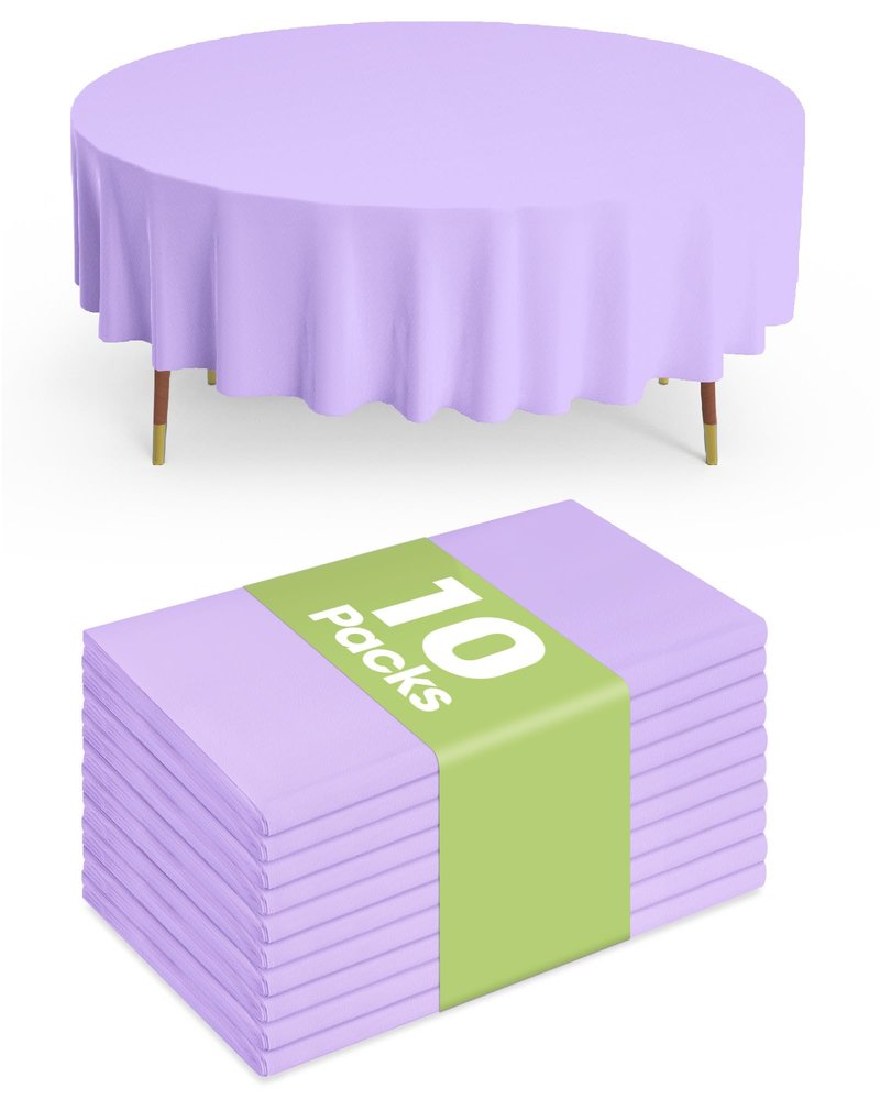 Pureegg Plastic Table Cloth Disposable 10 Pack, 84'' Round Table Cloths, Easter Party, Decorative Tablecloths, Round, Light Purple, Pastel, Plastic Cover, Leakproof & Sturdy, Lilac, Lavender
