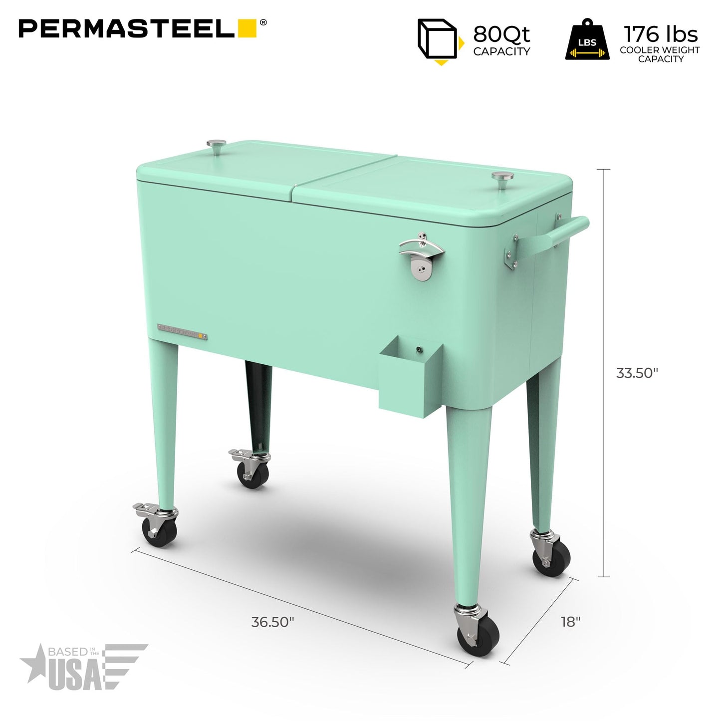 Permasteel 80-Qt Classic Outdoor Patio Cooler for Outside |Rolling Beverage Cooler Bar Cart with Wheels & Handles, Retro Design, Mint