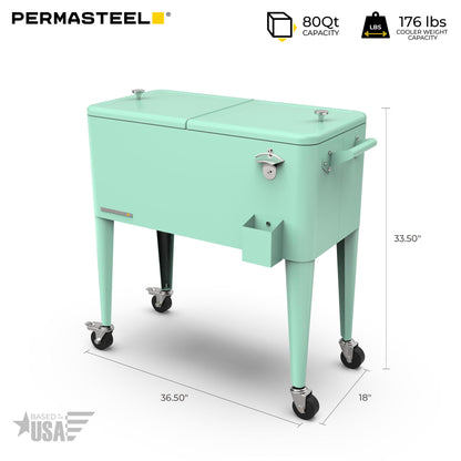 Permasteel 80-Qt Classic Outdoor Patio Cooler for Outside |Rolling Beverage Cooler Bar Cart with Wheels & Handles, Retro Design, Mint