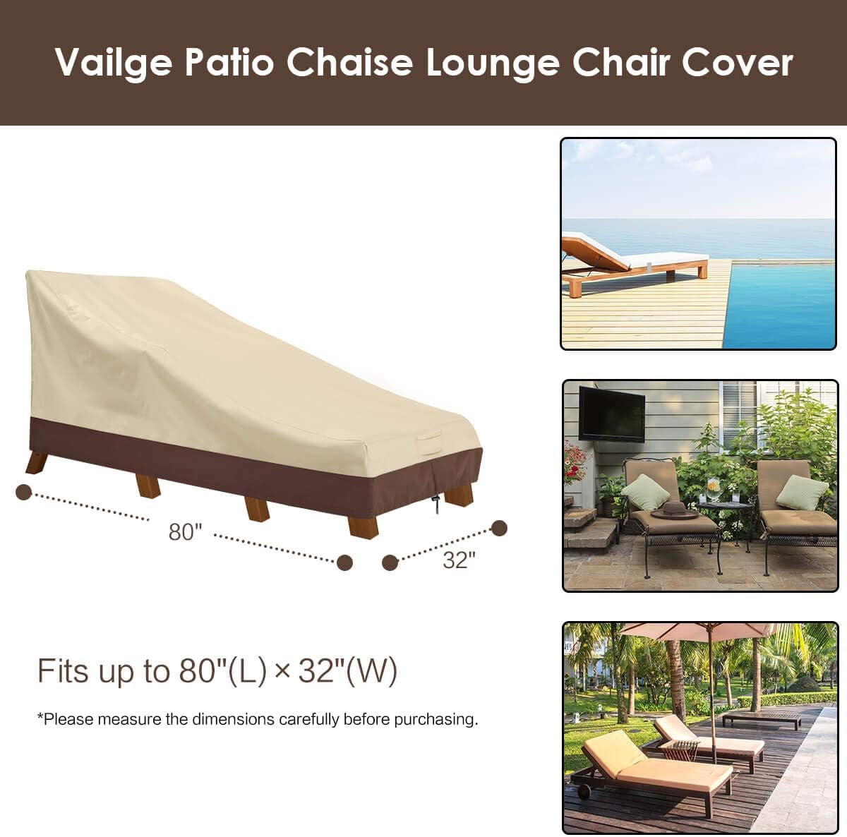 Vailge Waterproof Patio Chaise Lounge Cover - Heavy Duty UV Resistant Furniture Covers | 2 Pack, Medium, Beige & Brown