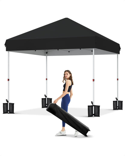 GarveeLife 10x10 Pop Up Canopy with One Button Push Setup - Heavy Duty Outdoor Canopy Tent with Portable Roller Bag - 3 Adjustable Height, 4 Weight Bags, 8 Stakes & 4 Guy Ropes Included, Black