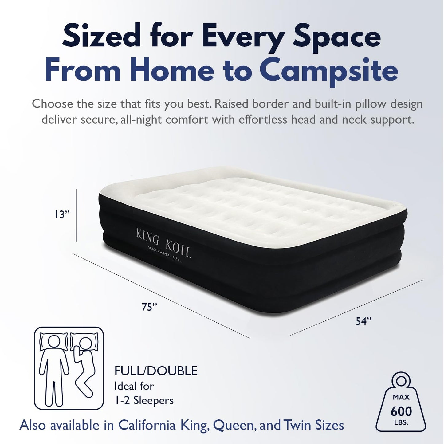 King Koil Full Size Plush Pillow Top Inflatable Air Mattress with Built-in Pump High-Speed Pump for Home, Camping, Guests, Luxury Double High Adjustable Blow Up Bed, Waterproof, 1-Year Warranty.
