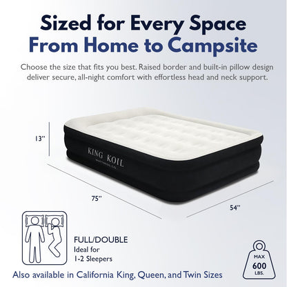 King Koil Full Size Plush Pillow Top Inflatable Air Mattress with Built-in Pump High-Speed Pump for Home, Camping, Guests, Luxury Double High Adjustable Blow Up Bed, Waterproof, 1-Year Warranty.