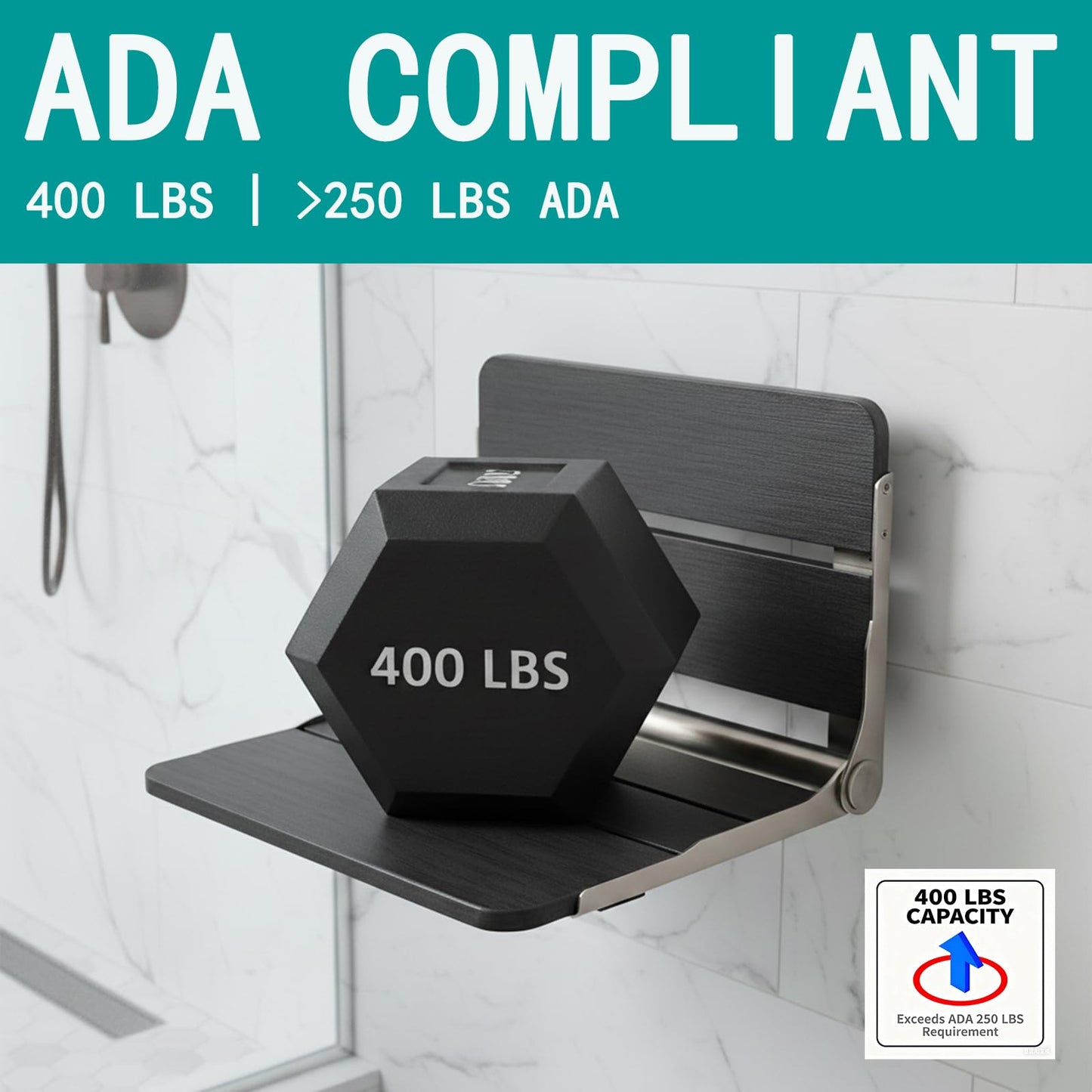 17.5'' Folding Shower Seat Wall Mounted, HDPS Fold Down Shower Bench for Inside Shower, Foldable Shower Stool, Waterproof Wall Mount Bathroom Seating Chair, 400LBS Weight Capacity, Black