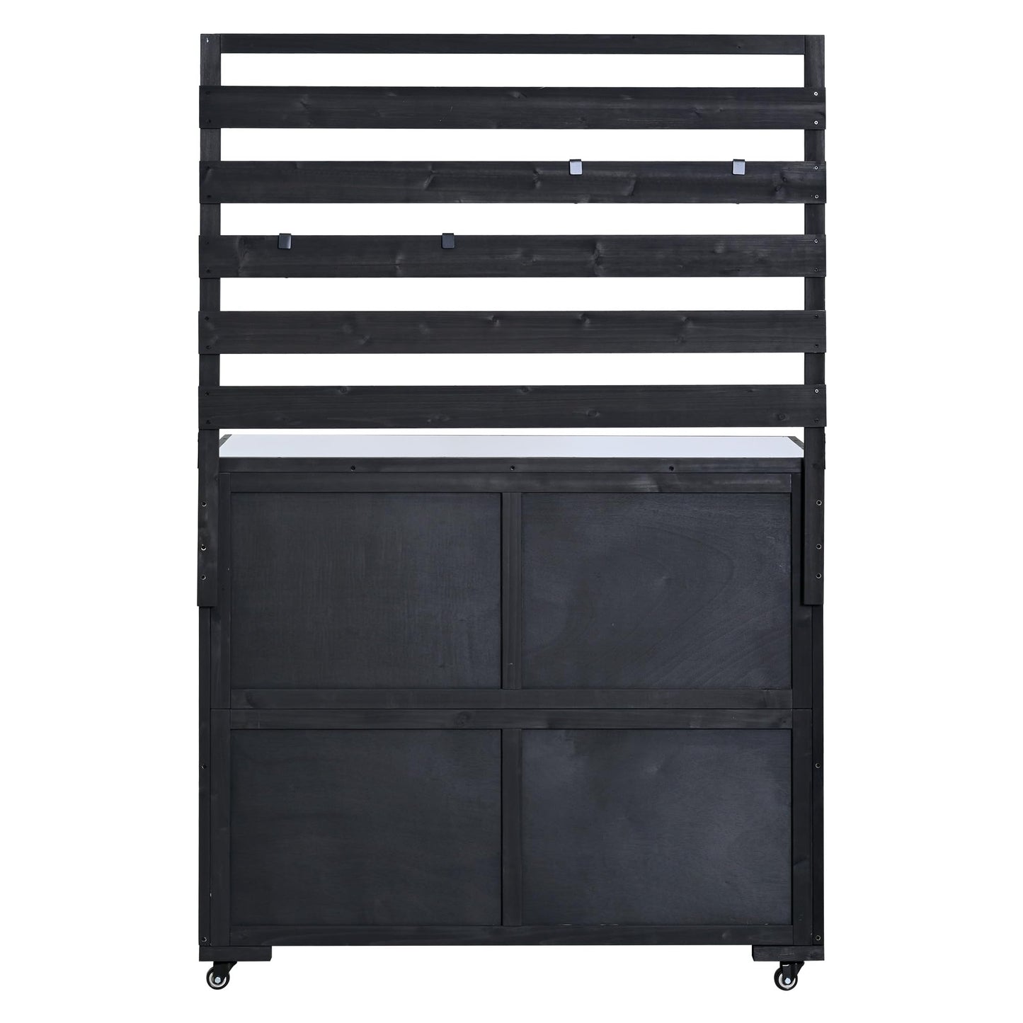 GDFStudio Junlyn Patio Kitchen Island Cart with Storage, Wooden Outdoor Storage Cabinet with Stainless Steel BBQ Prep Table Top, Drawers, Shelves and Lockable Wheels, Garden Potting Bench, Black