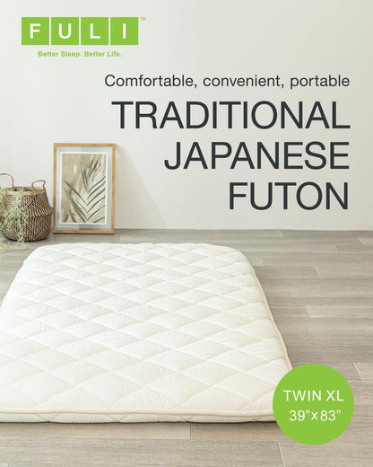 FULI Japanese Futon, Twin XL Size, White - Foldable Shikibuton Floor Bed - Medium Firm Quilted Cotton Sleeping Pad, Portable Roll-Up Japanese Floor Bed for Guests & Small Spaces