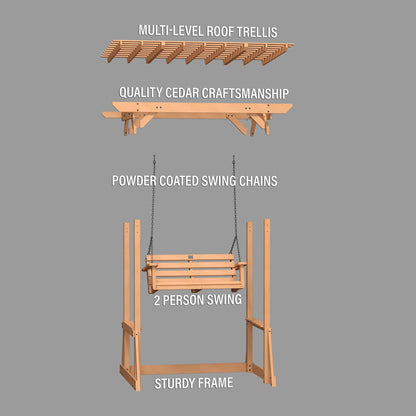 Backyard Discovery Callahan 8' x 5' Cedar Wood Outdoor Patio Pergola Swing Bench with Trellis, Two-Person Seating, Chains, Water Resistance, 600 Lb Weight Capacity for Porch, Patio, Deck, Garden
