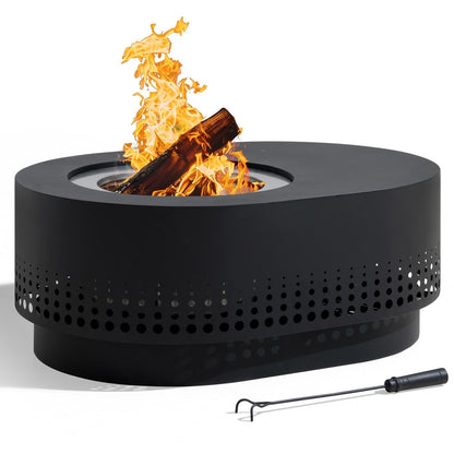 SUNJOY Smokeless Fire Pit with Table Top, 38-Inch Oval Firepit for Outdoor, Stainless Steel Wood Burning Fireplace w/Removable Ash Pan, PVC Cover and Fire Poker, Ideal for Camping, Backyard, Black