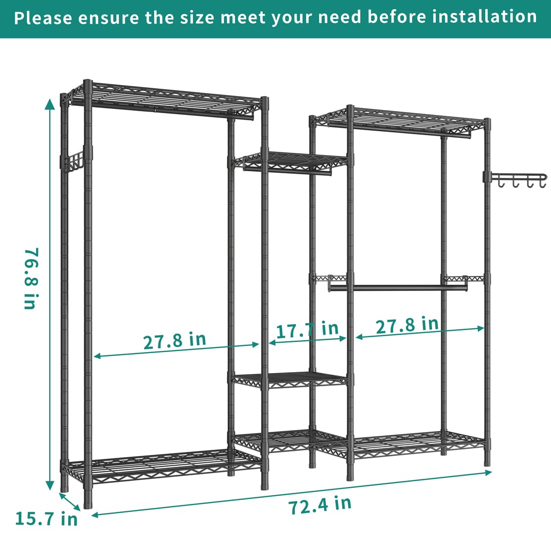 Exglobol Heavy Duty Garment Rack, Portable Wardrobe Clothes Rack Freestanding Adjustable Clothing Rack with 7 Tiers Adjustable Wire Shelving and 4 Hanger Rods, Max Load 920LBS